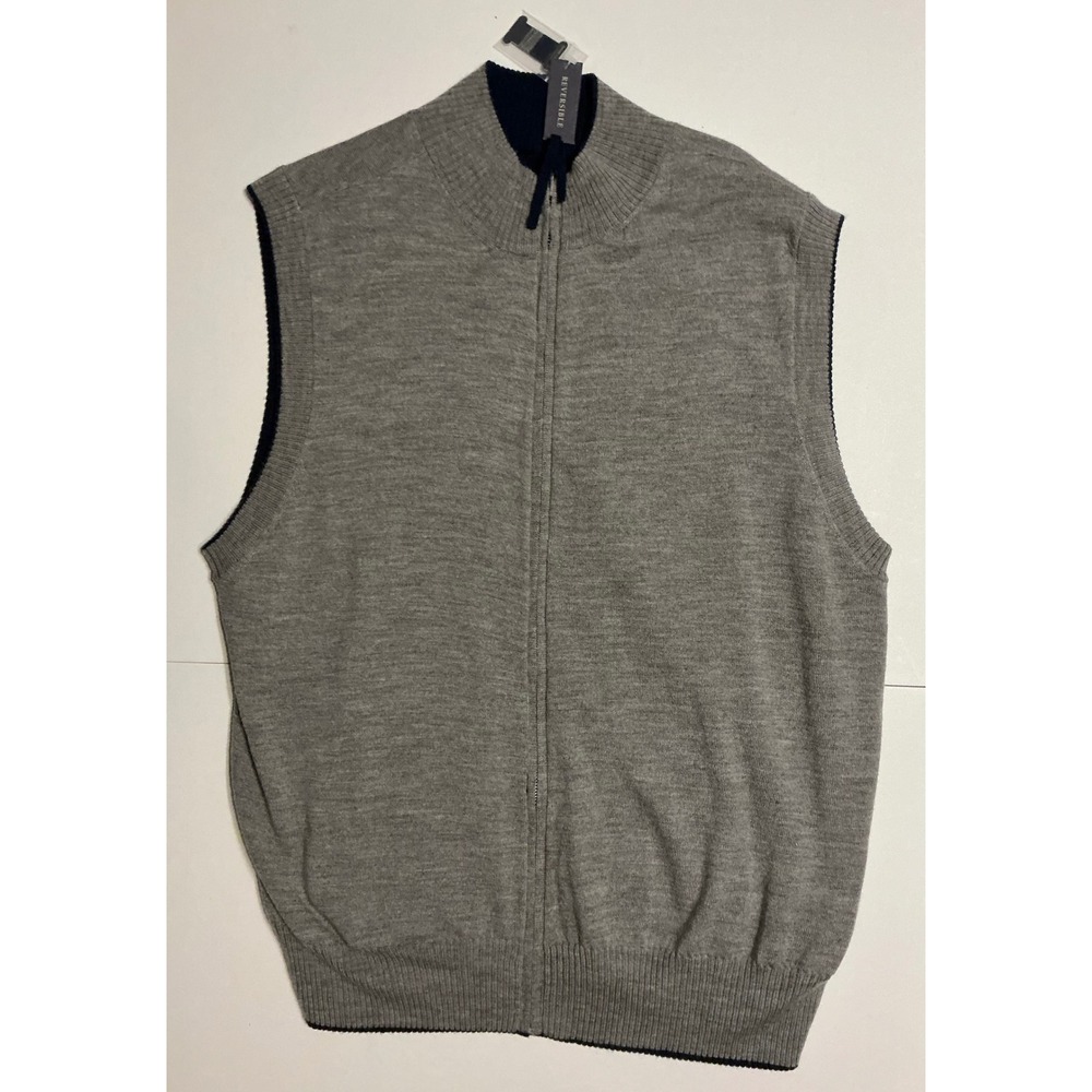 Daniel Cremieux Collection Mens XL Full Zip Sweater Vest 100 Wool Navy Gray‎